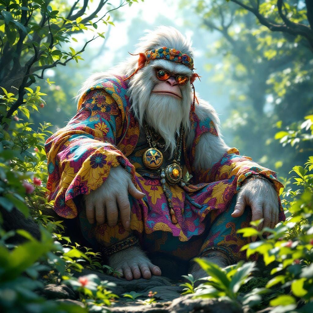 Hippie Yeti in Mystical Forest: 3D Anime Art
