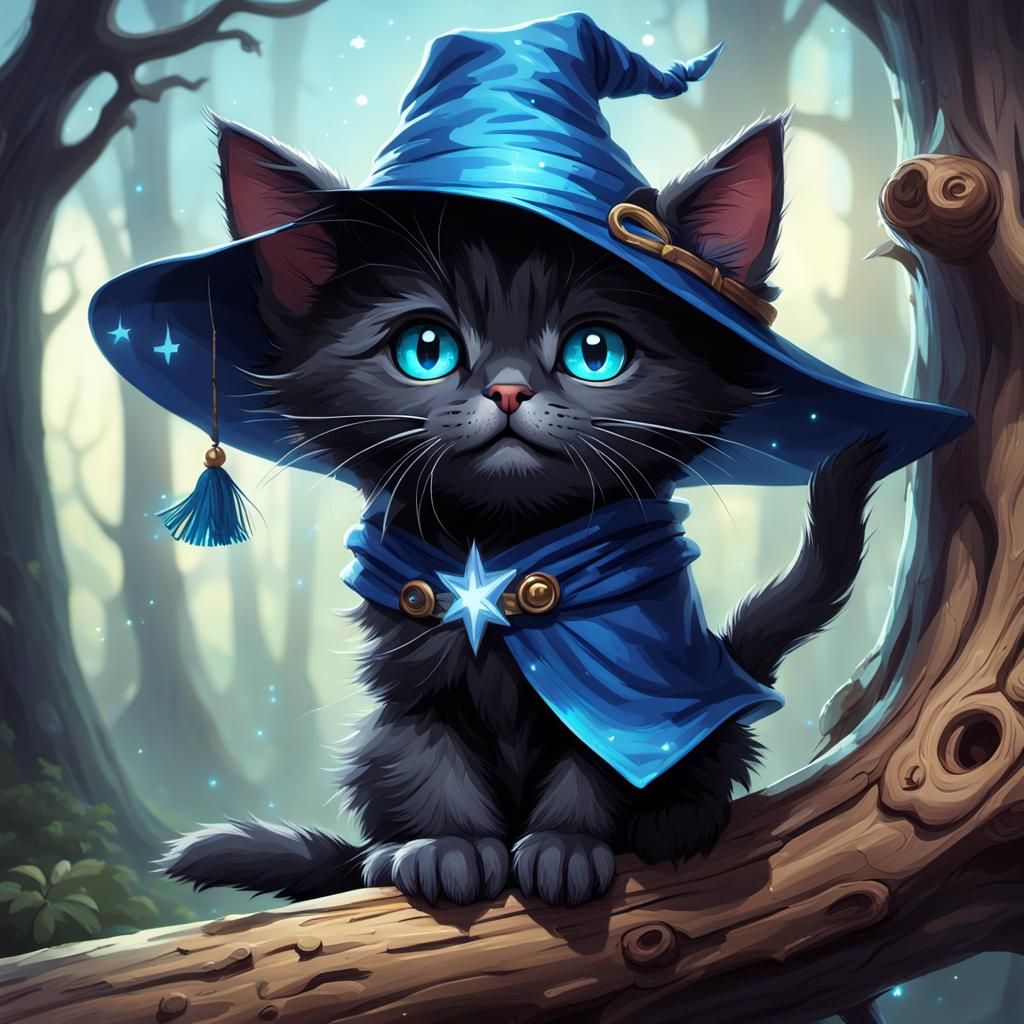Adorable Kitten Wizard Portrait with Starry Eyes