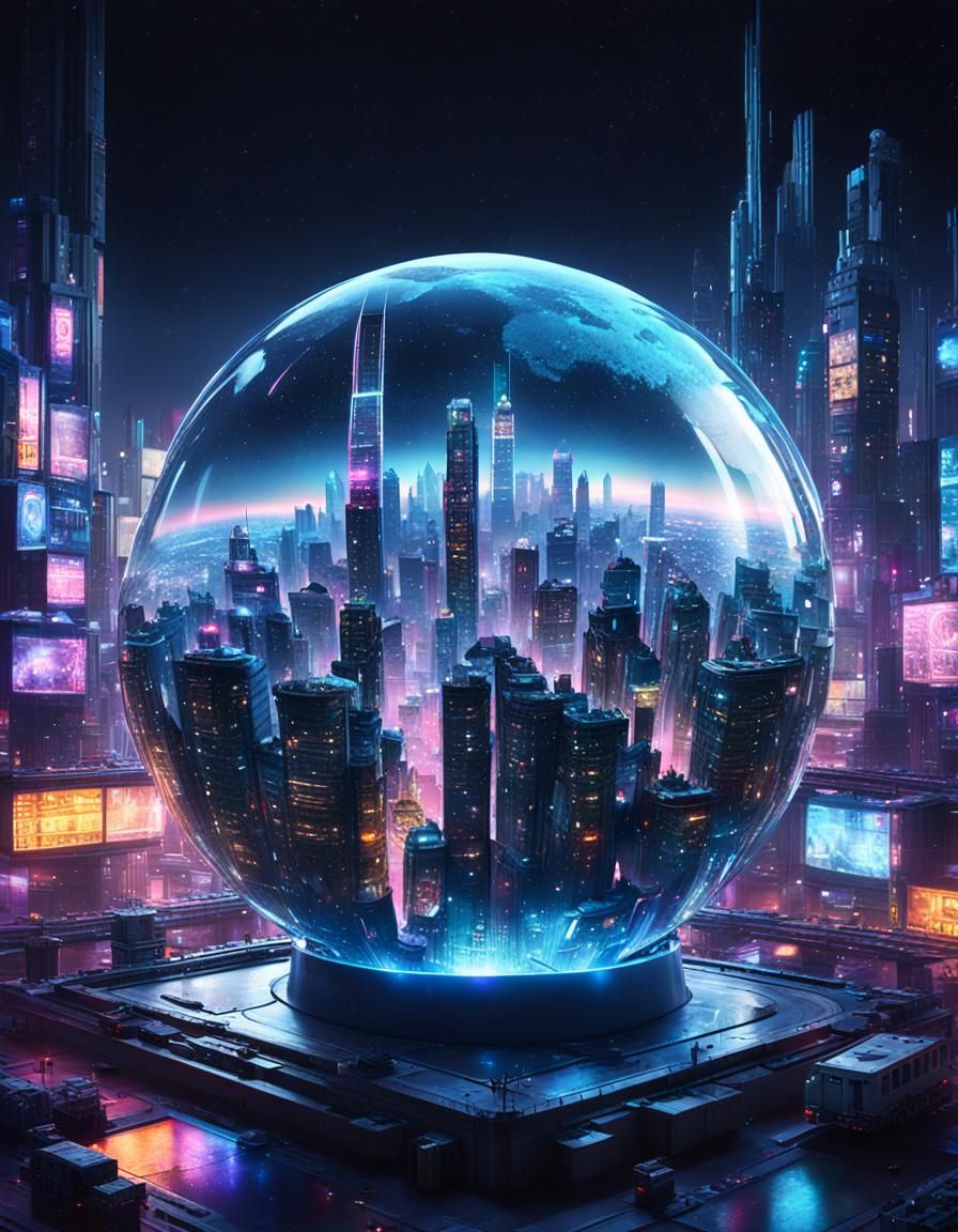 Cyberpunk City Glass Orb