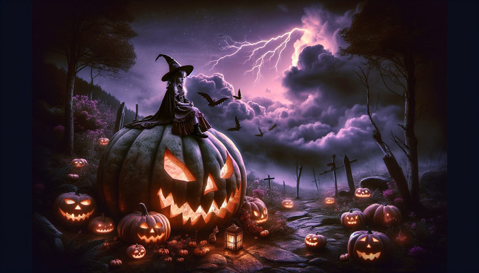 Surreal Halloween Night with Giant Glowing Pumpkin and Witch...
