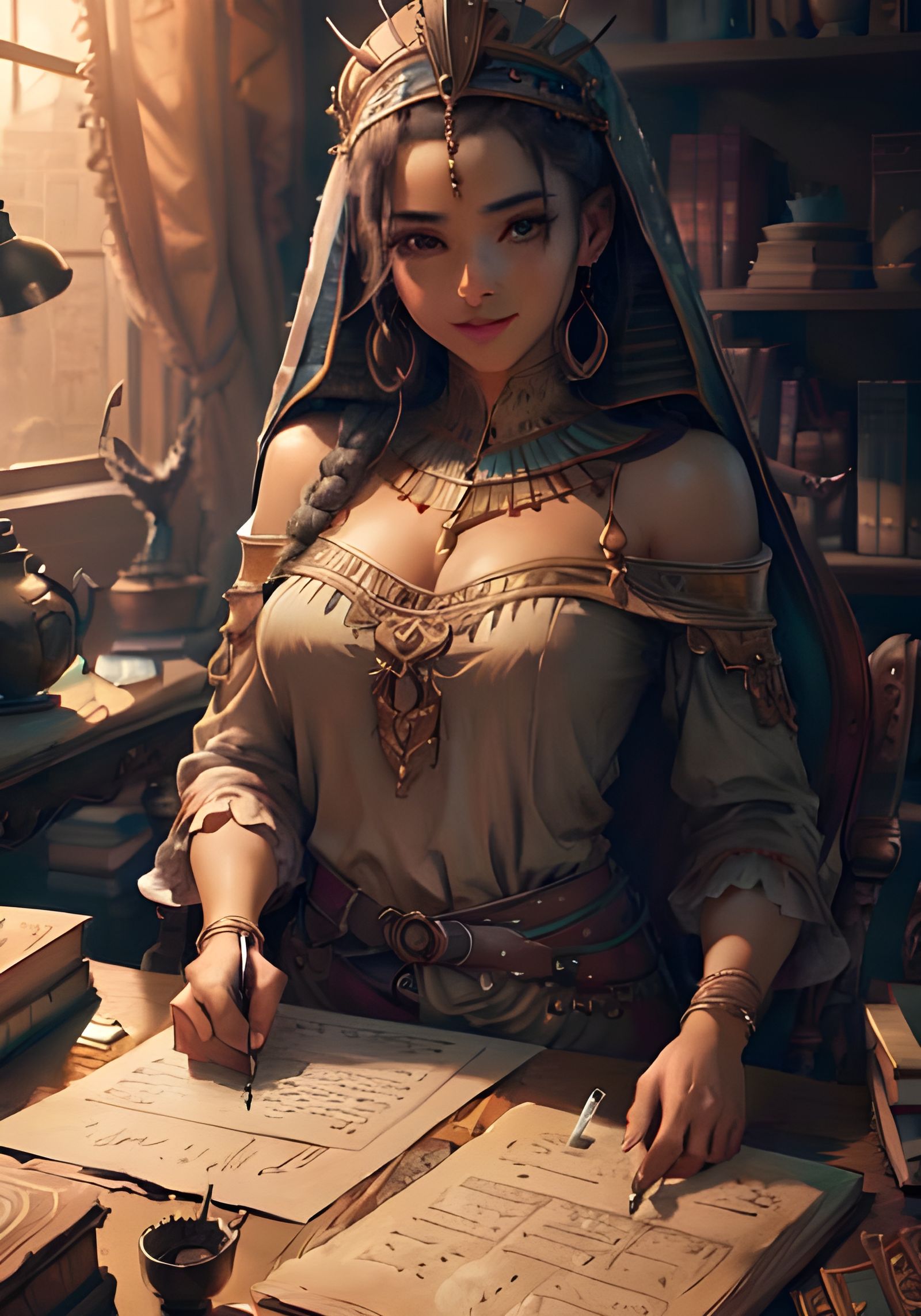 Ancient Egyptian Woman Writing in Library