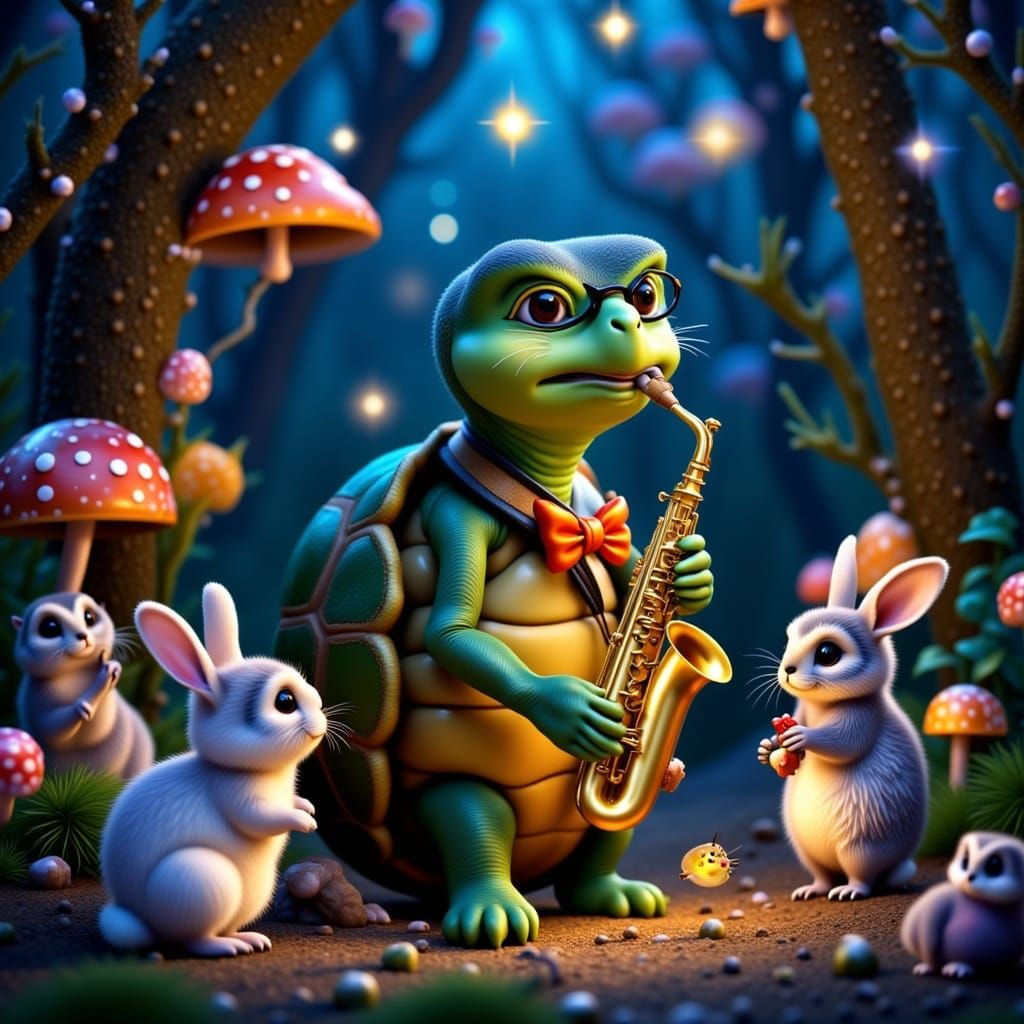 Turtle Saxophonist in Magical Forest at Twilight