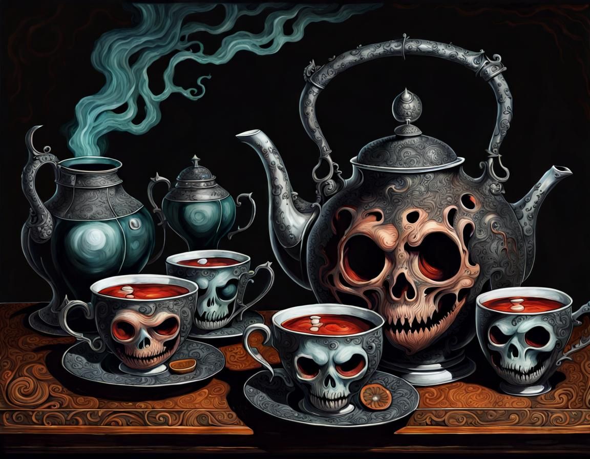 Macabre Still Life: Spooky Teapot in Lovecraftian Kitchen