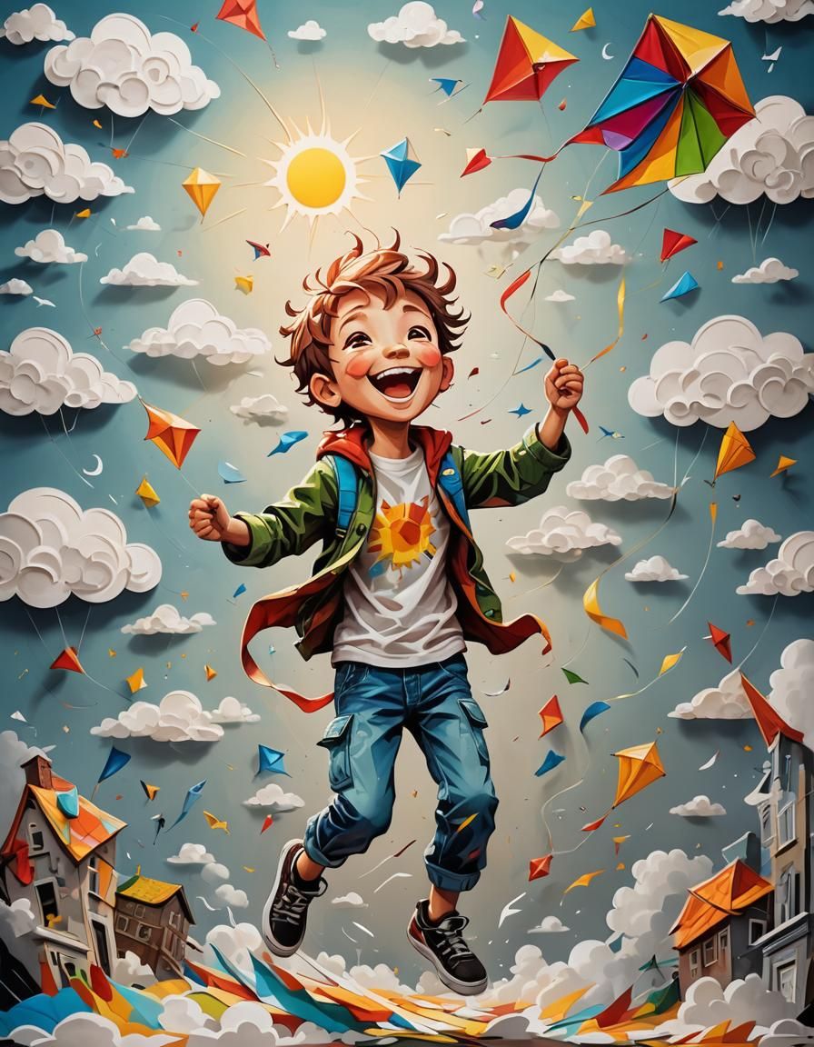 Boy with Kite in Kirigami Graffiti Art Style