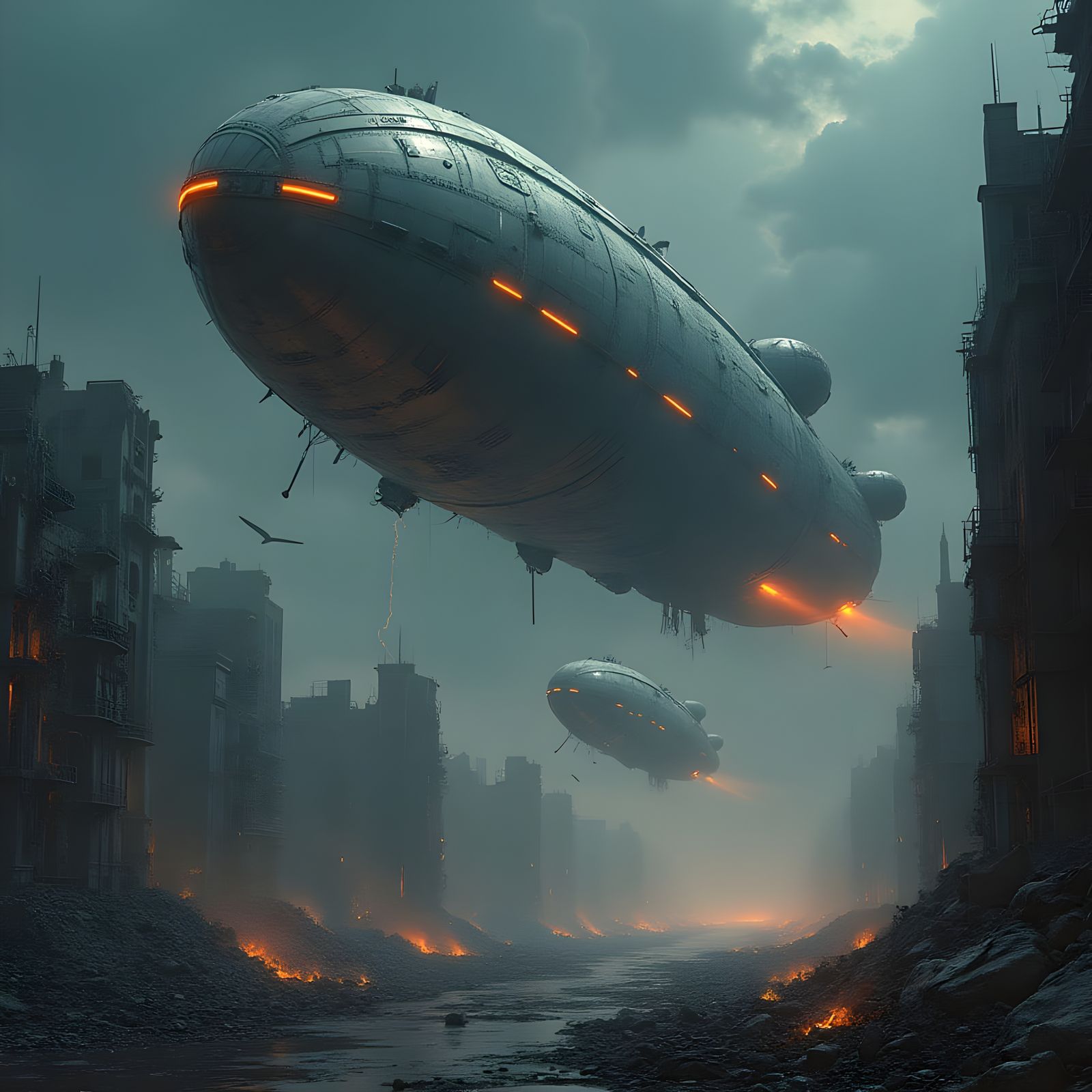 Cyberpunk Airships Hover Over Ruined City in Dystopian Atmos...