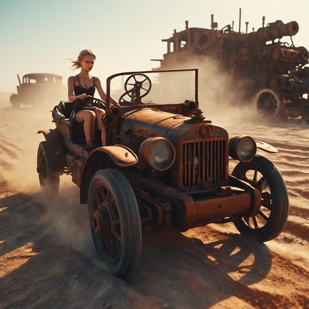 Steampunk Car in Wasteland, Cinematic Film Still