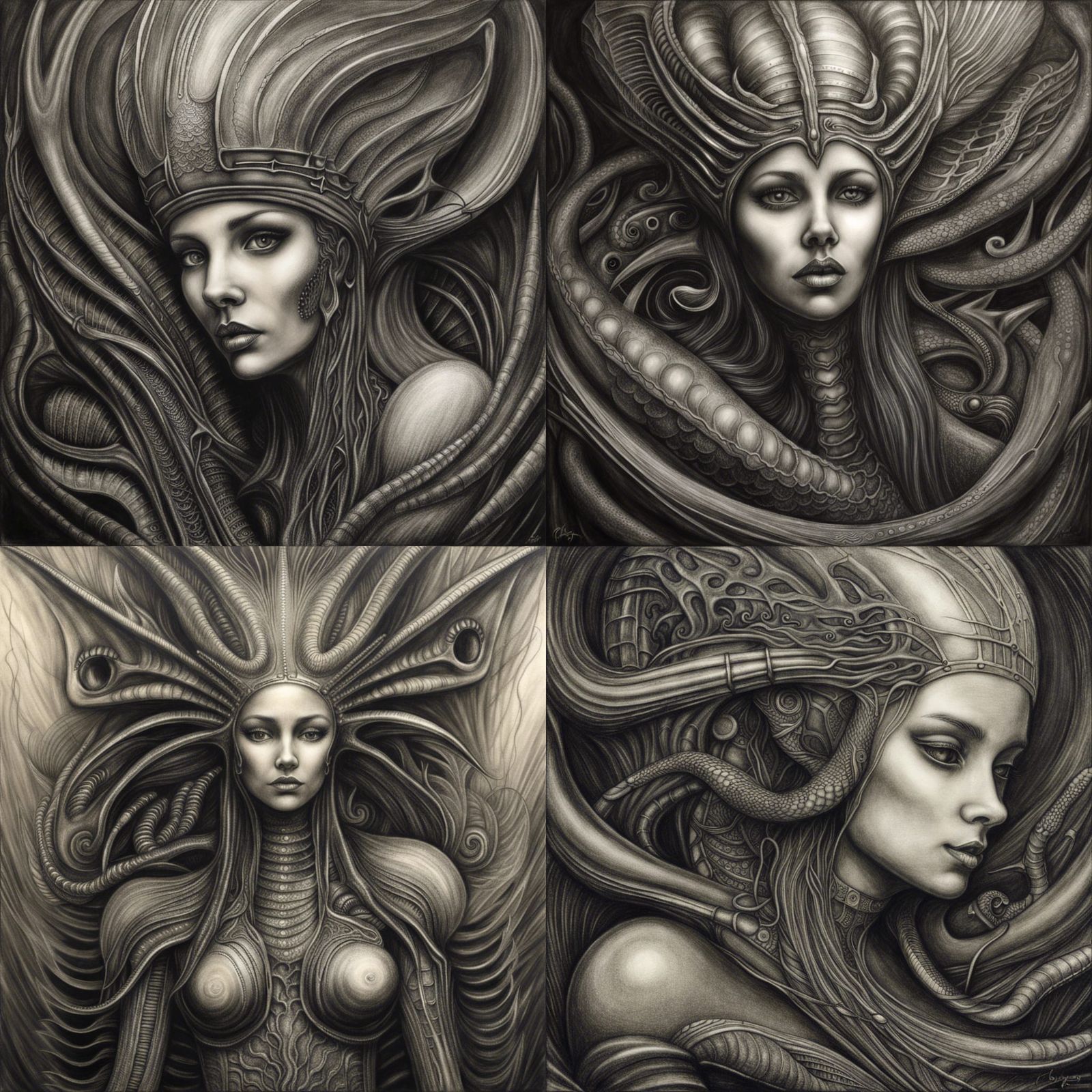 Giger Style Mermaid in Hyperdetailed Charcoal Drawing