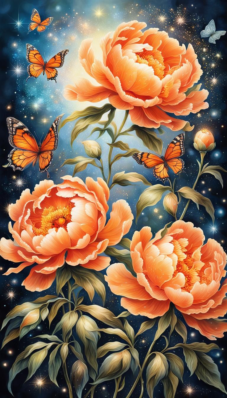 Highly realistic highly detailed enchanting image featuring blooming large double rich tangerine orange peony flowers su...
