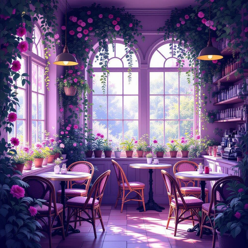 Enchanted Pastel Cafe with Lush Plants and Vines