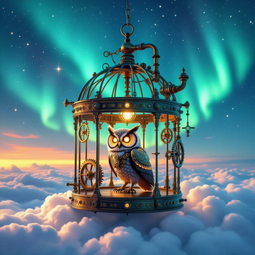 Steampunk Birdcage with Clockwork Owl on Cloud