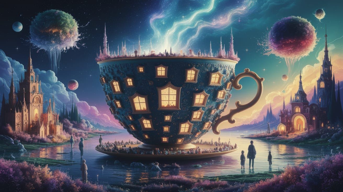 Surreal Coffee Cup Dreamscape in Ghibli-Van Gogh Style