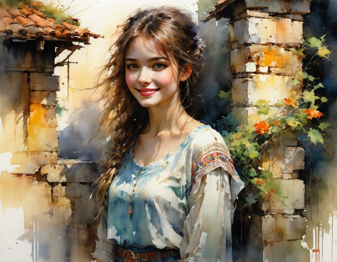 Watercolor Portrait of Woman with Sunset