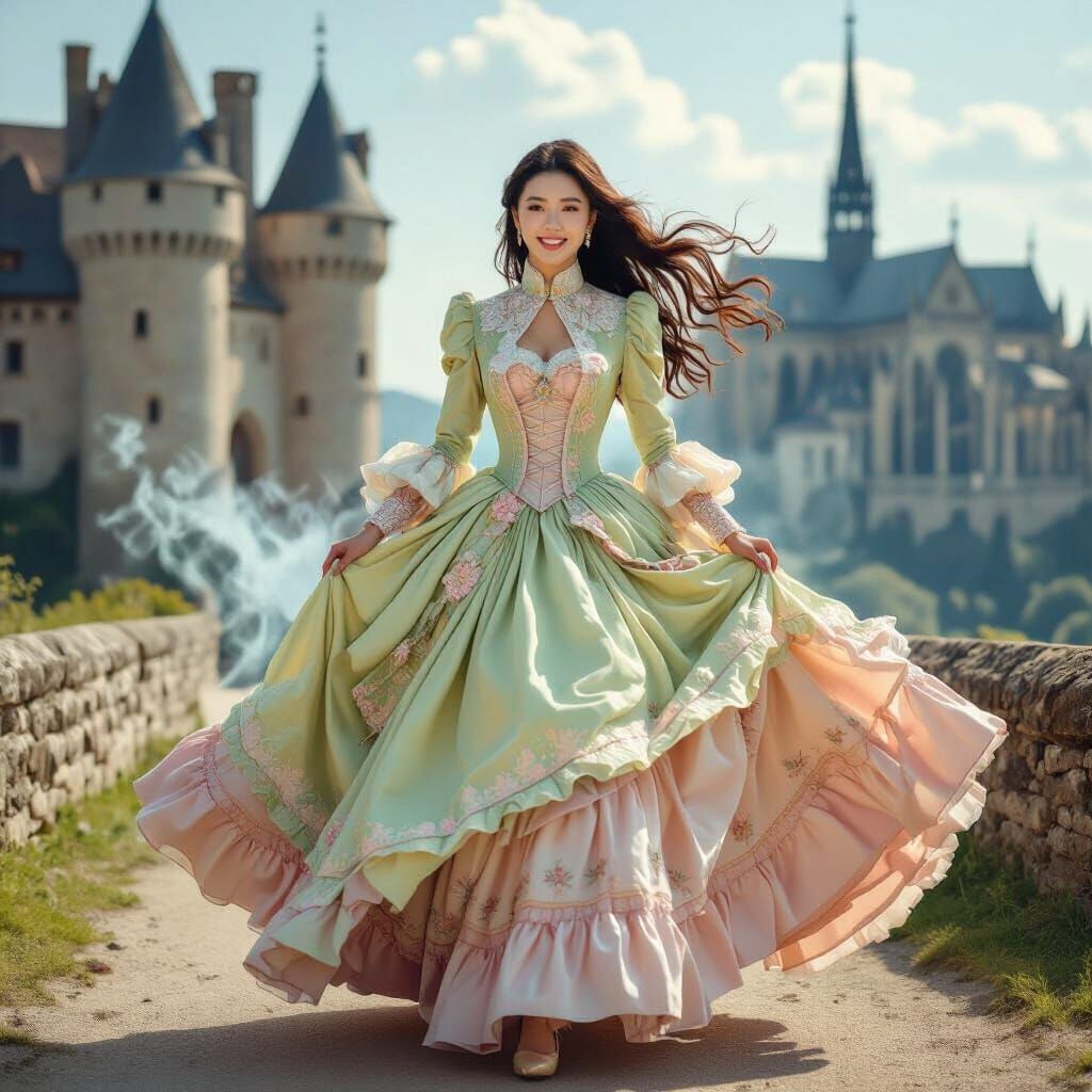 Asian Woman in Rococo Gown Running by Castle