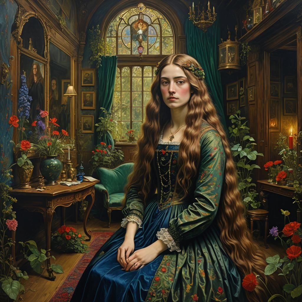 Woman with Long Hair in a Surreal Room