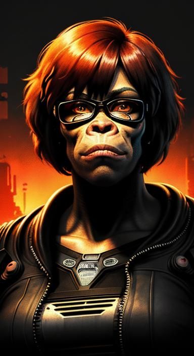 Cyborg Velma Dinkley Gorilla in Cyberpunk Dystopia