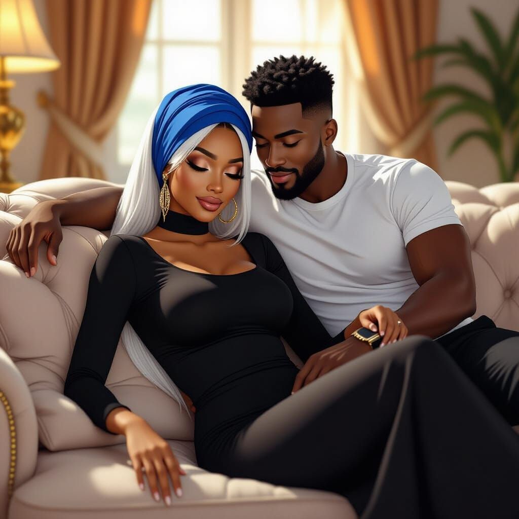 African Woman Rests on Lap in Luxurious Parlor