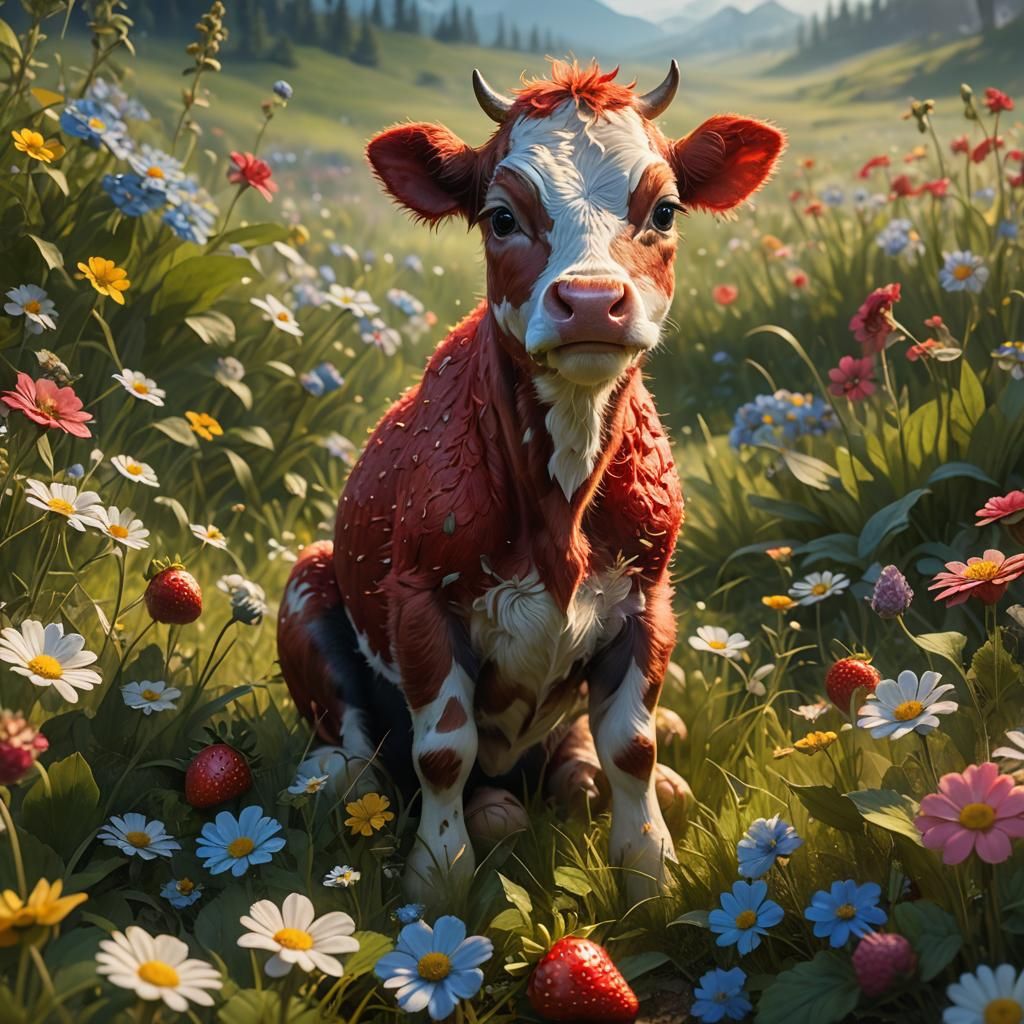 Strawberry Cow in Lush Meadow: Fantasy Concept Art