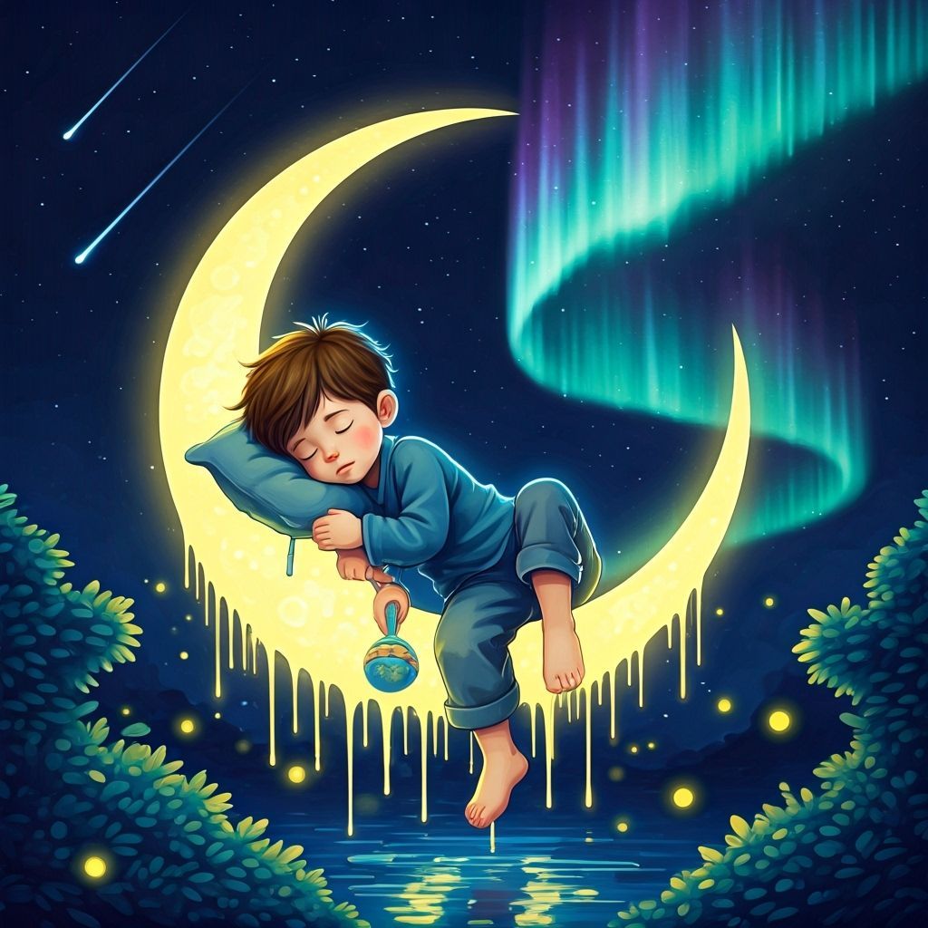 Boy Sleeps on Moon Under Aurora and Meteor Shower