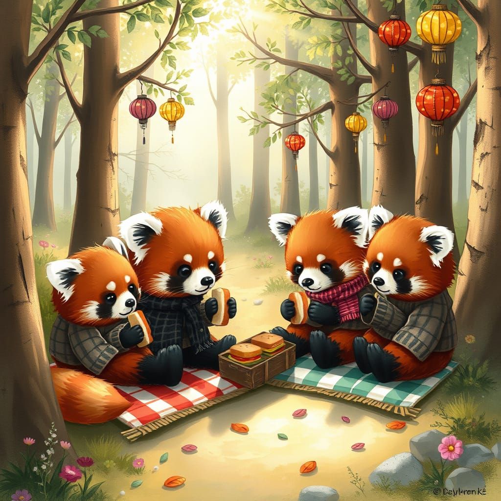 Red Pandas Picnic in Whimsical Forest, Painterly Style