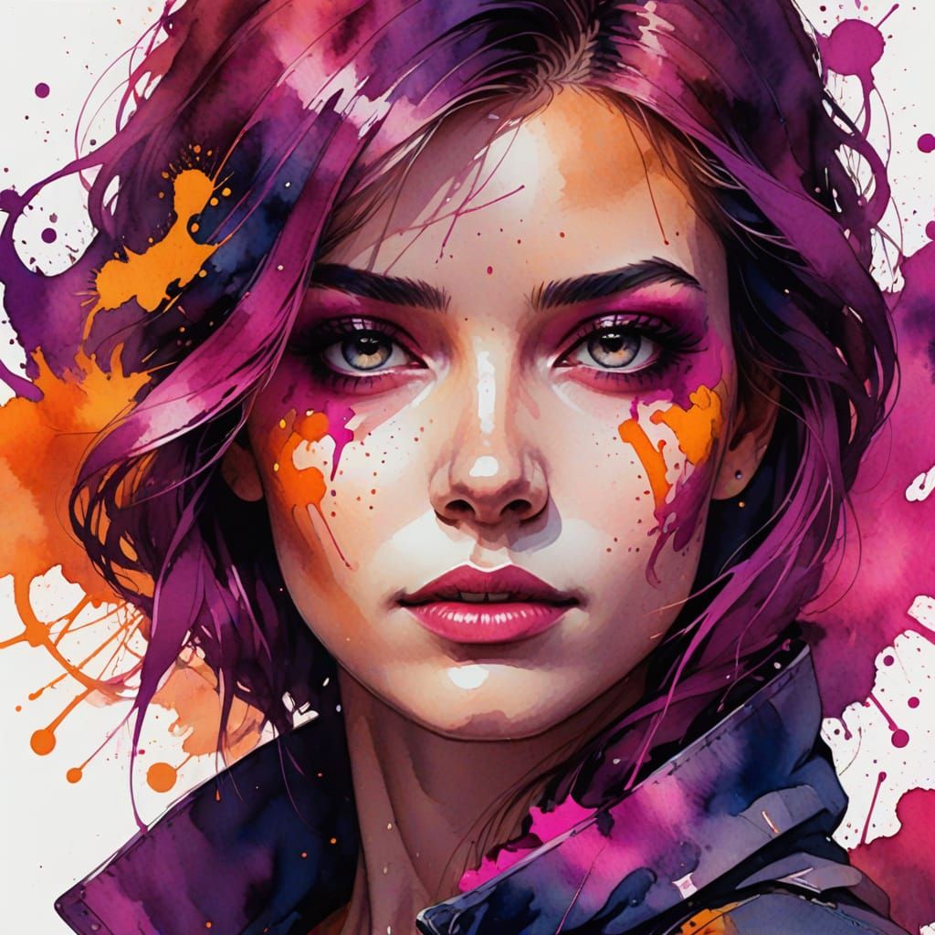 Fantasy Portrait of Woman in Vibrant Watercolor Style