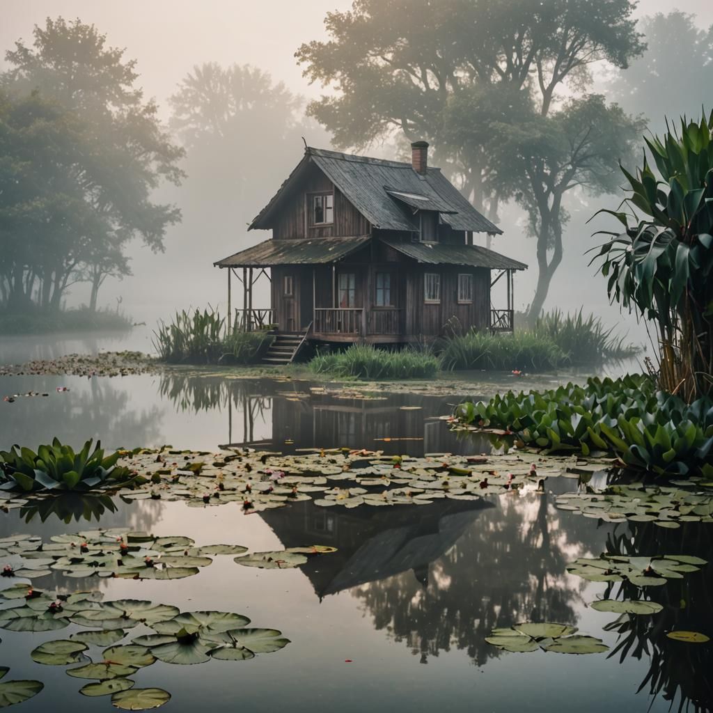 Misty Water Lily Pond With Angler in Boat
