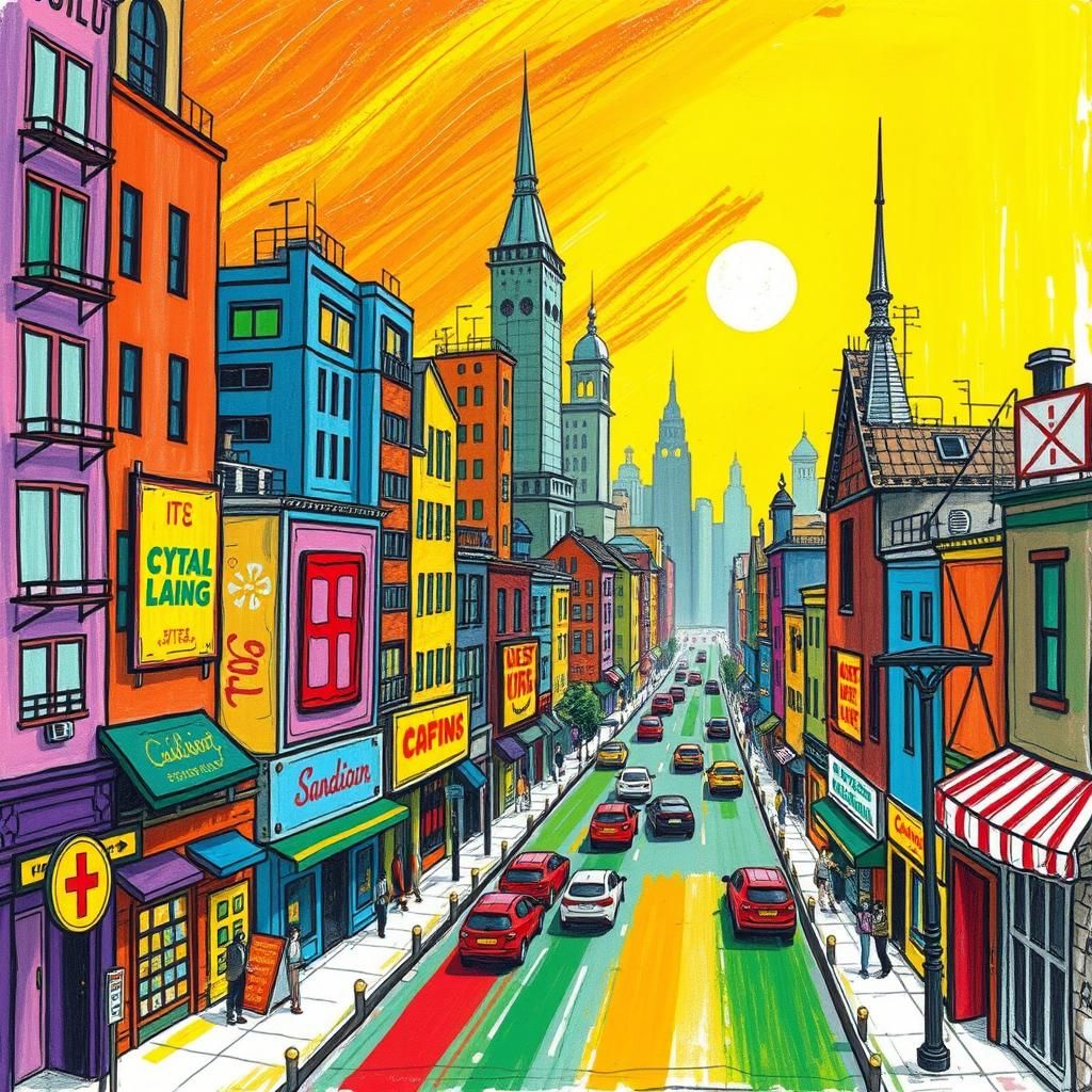 Colourful Cityscape in Playful, Exaggerated Style