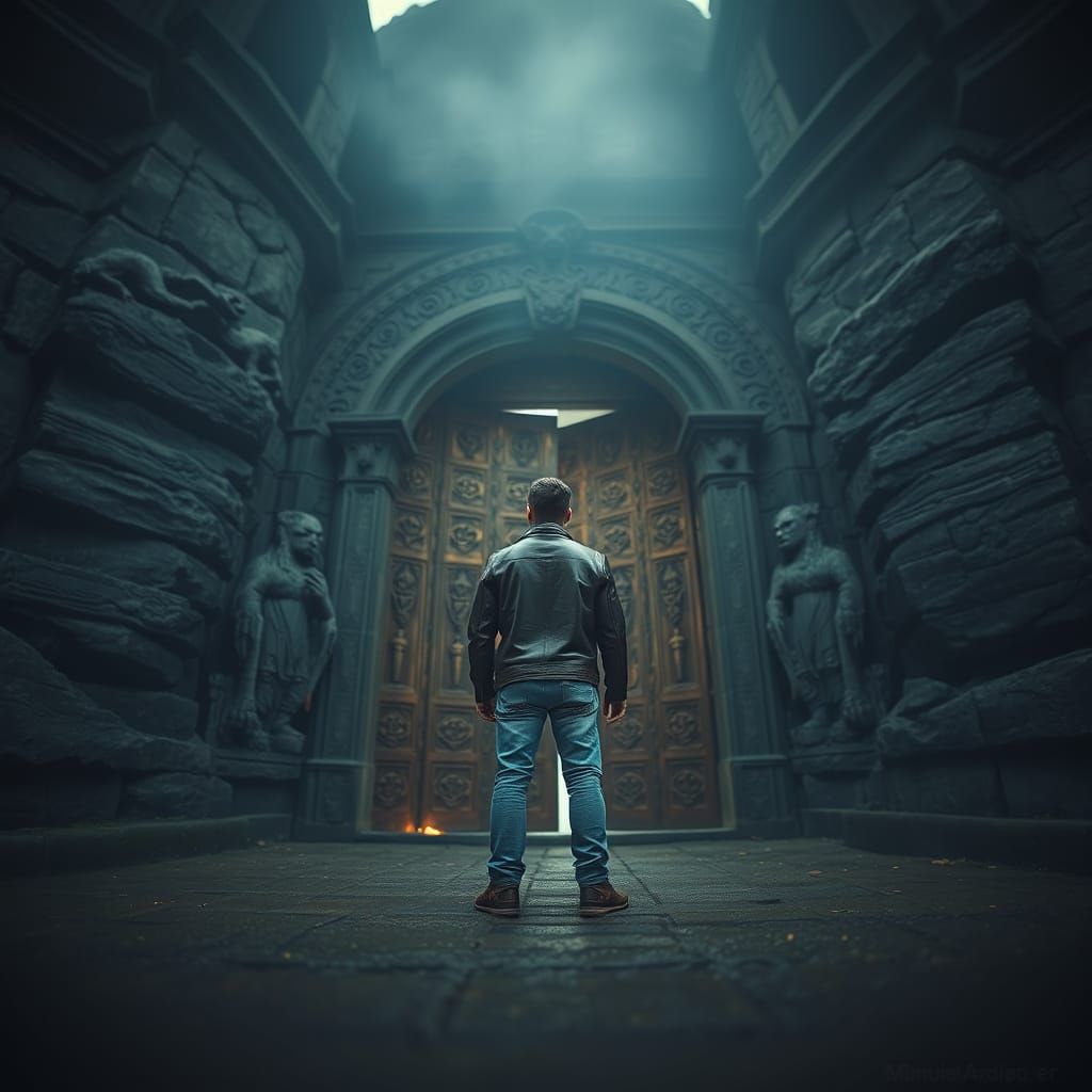 Mystical Doorway at Twilight with Solitary Figure