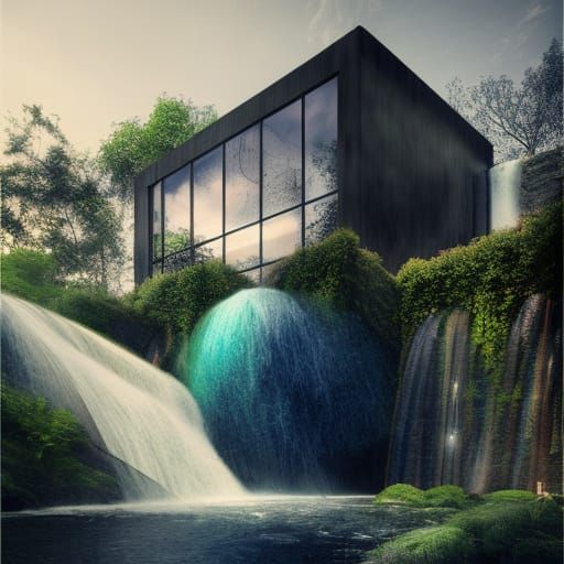 A shattered glass designer house with an overhanging waterfall