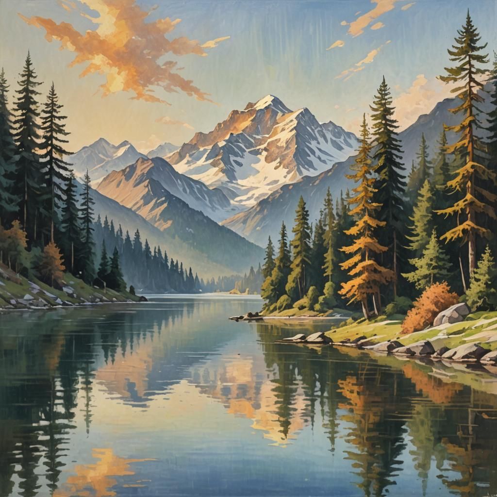 Swiss Alps Landscape Painting in Impressionist Style