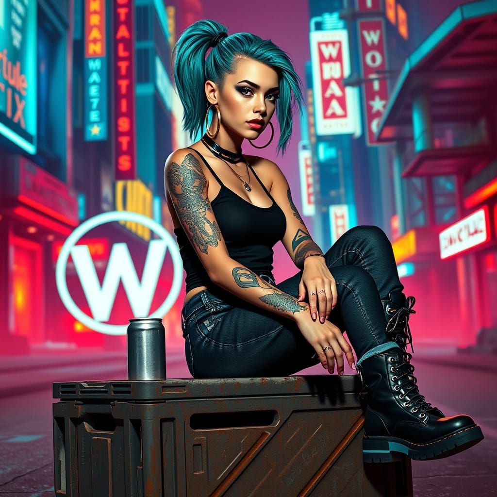 Cyberpunk Goddess in Neon Cityscape