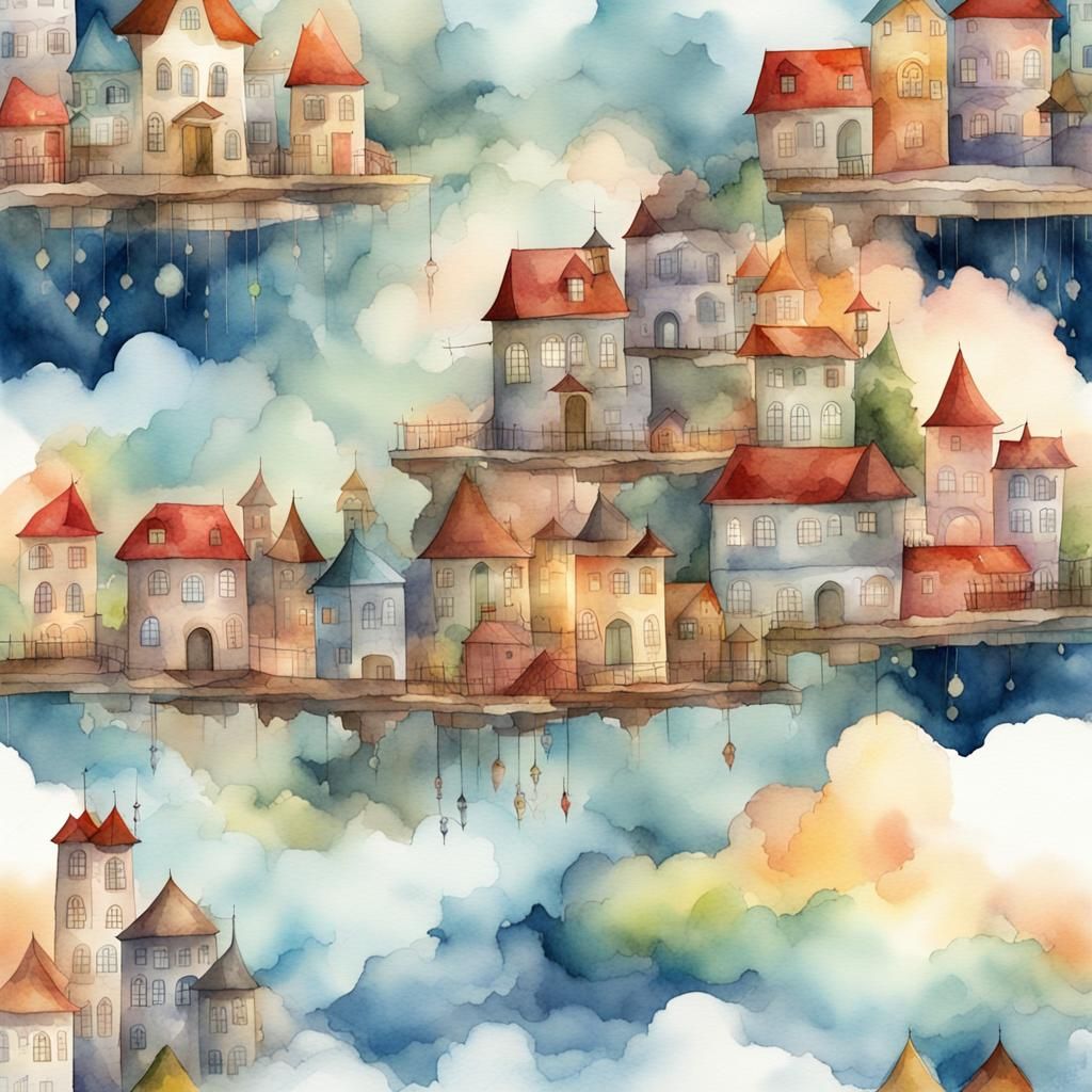 Town Floating in Clouds in Watercolor Style