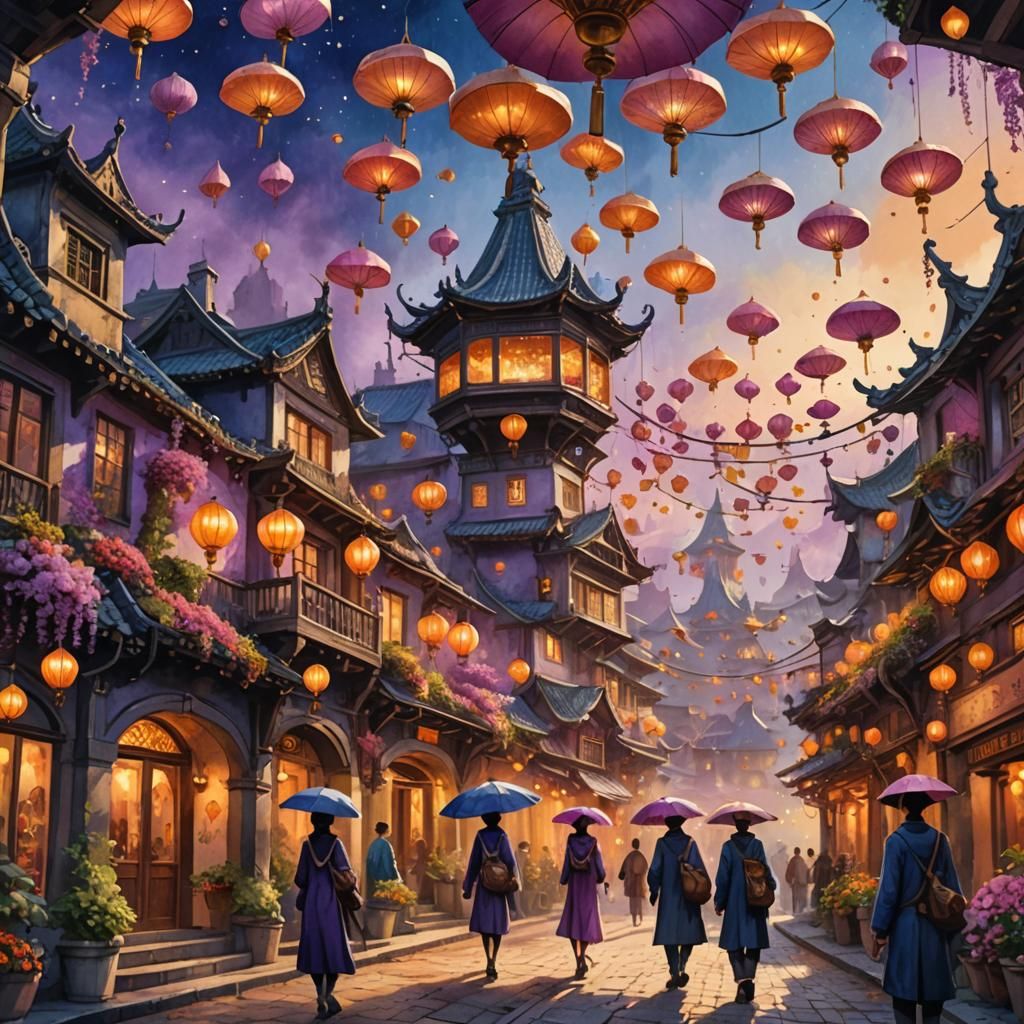 Fantasy City with Flower Bell Architecture in Watercolor Sty...