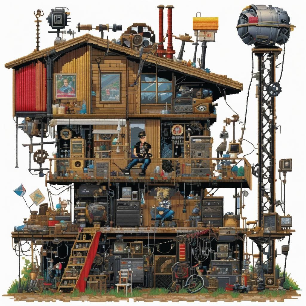 Junkpunk Salvage House with Punk Youth in Cross Stitch