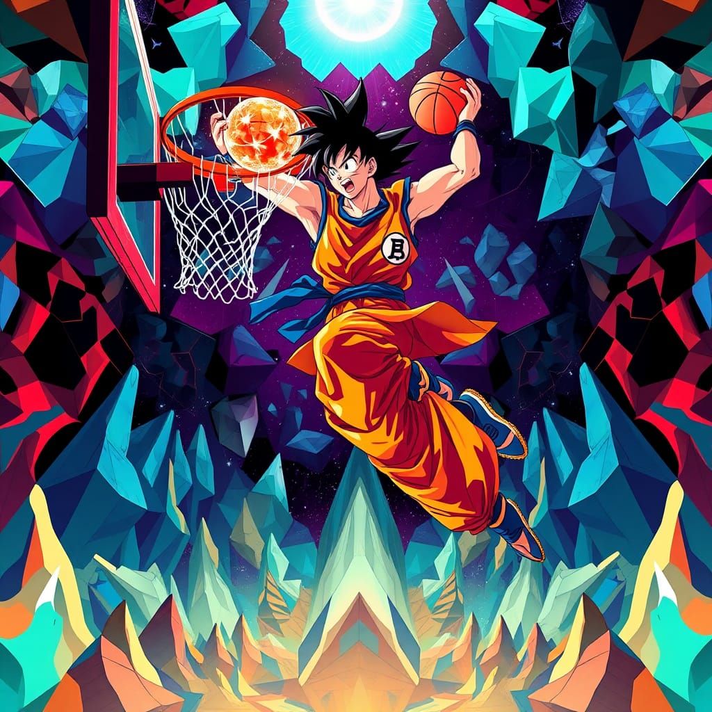 Goku Dunks Crystalline Basketball in Cubist Landscape