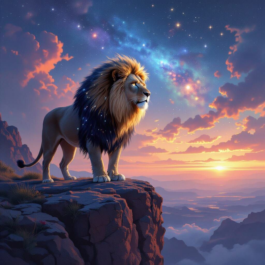 Lion with Starlight Mane Overlooking Nebula, Matte Painting