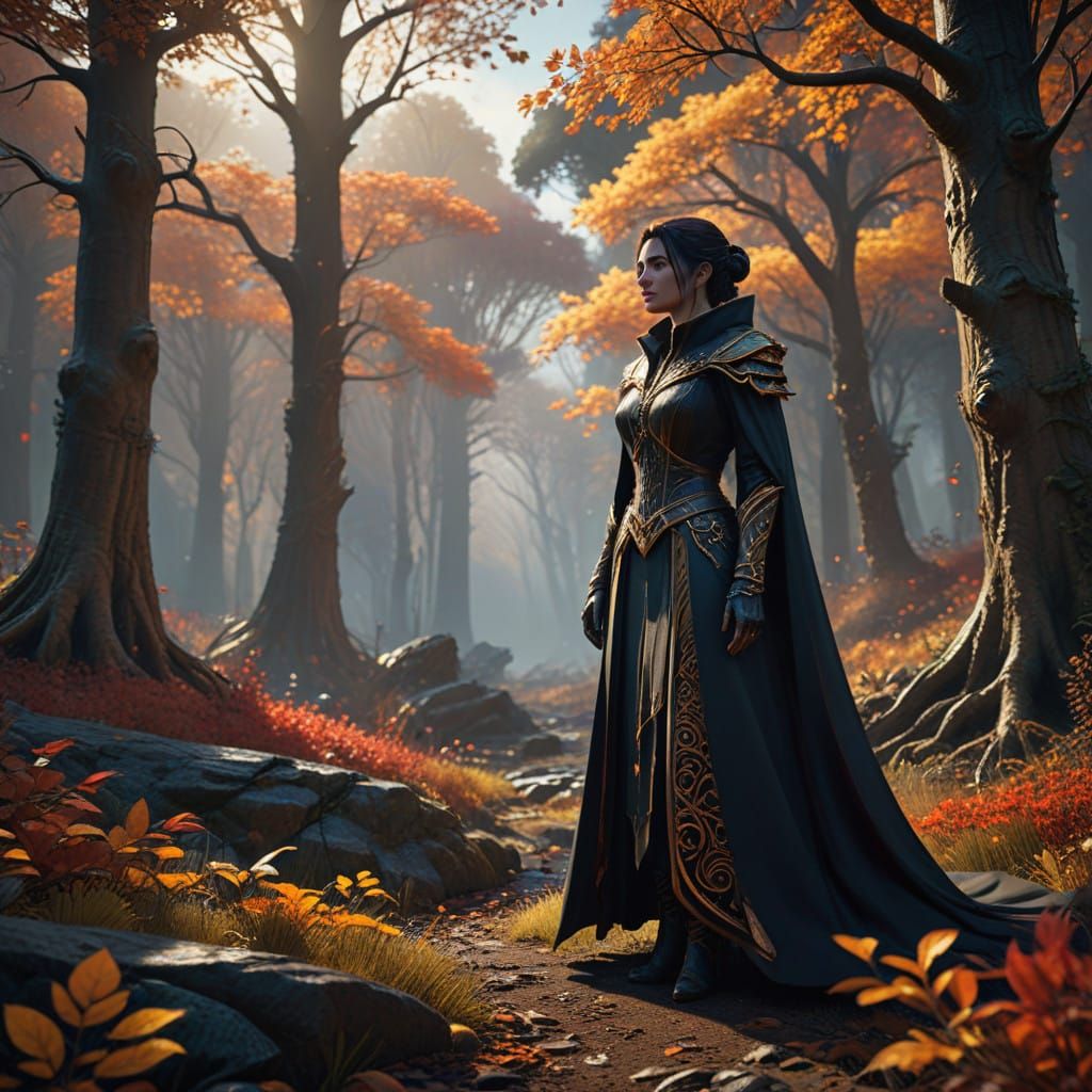 Autumn Forest Encounter in Sci-Fi Noir Style