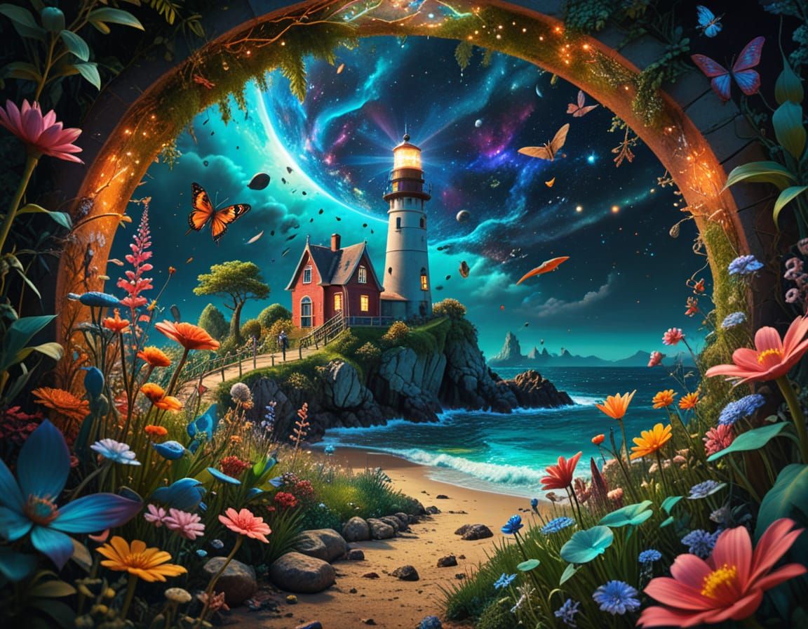 Surreal Lighthouse Scene in Bosch Style
