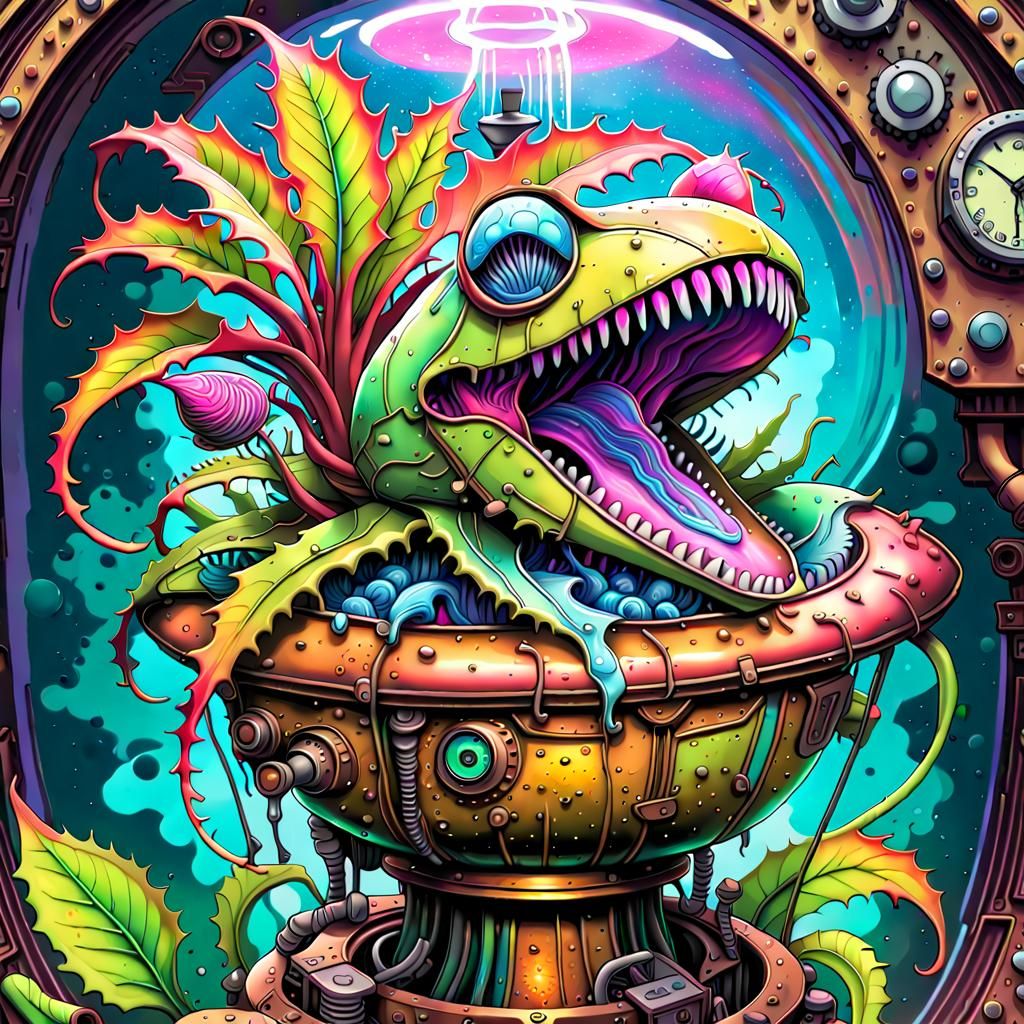 Steampunk Cyber Venus Flytrap: Holographic Illustration