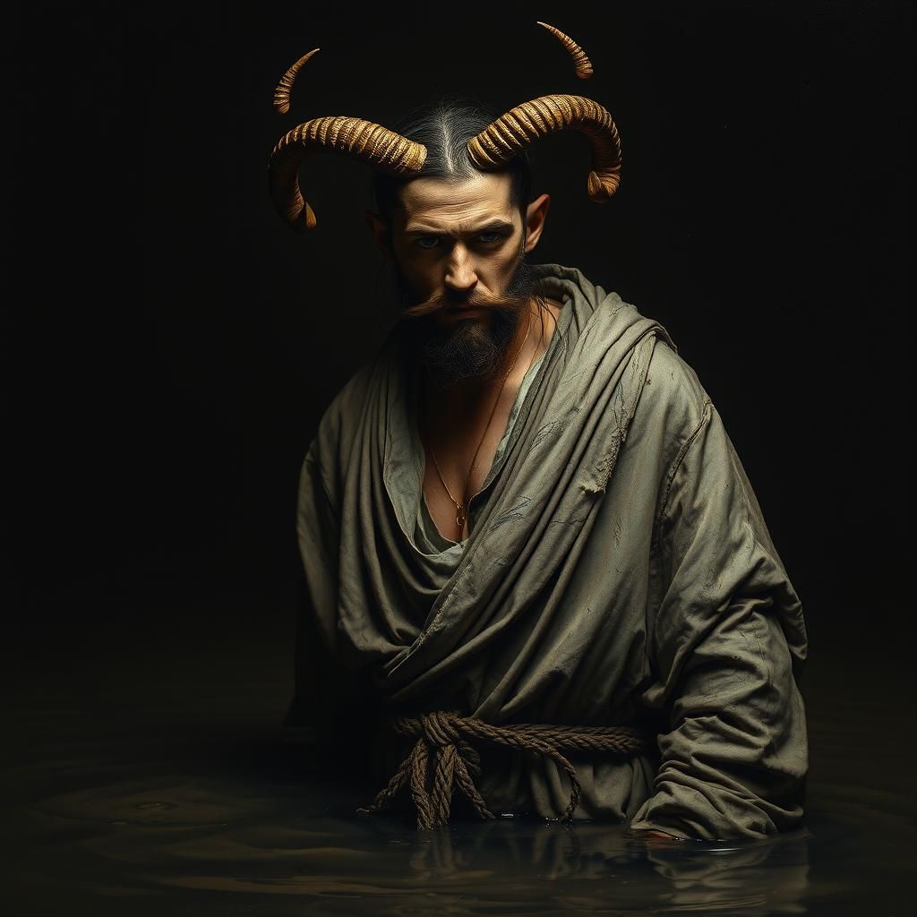 Chiaroscuro Painting of Horned Man in Bog