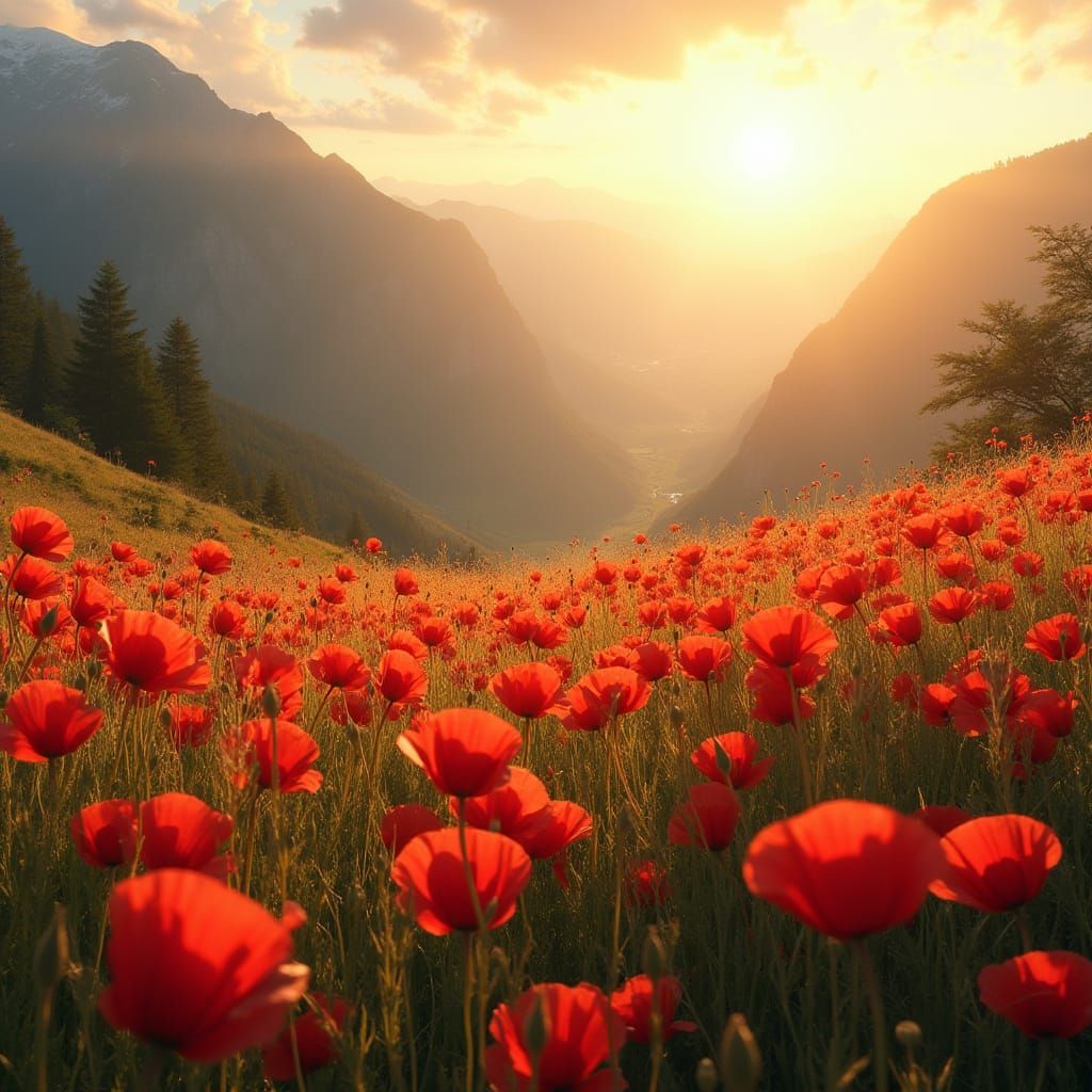Surreal Alpine Landscape with Vibrant Red Poppies in Bloom