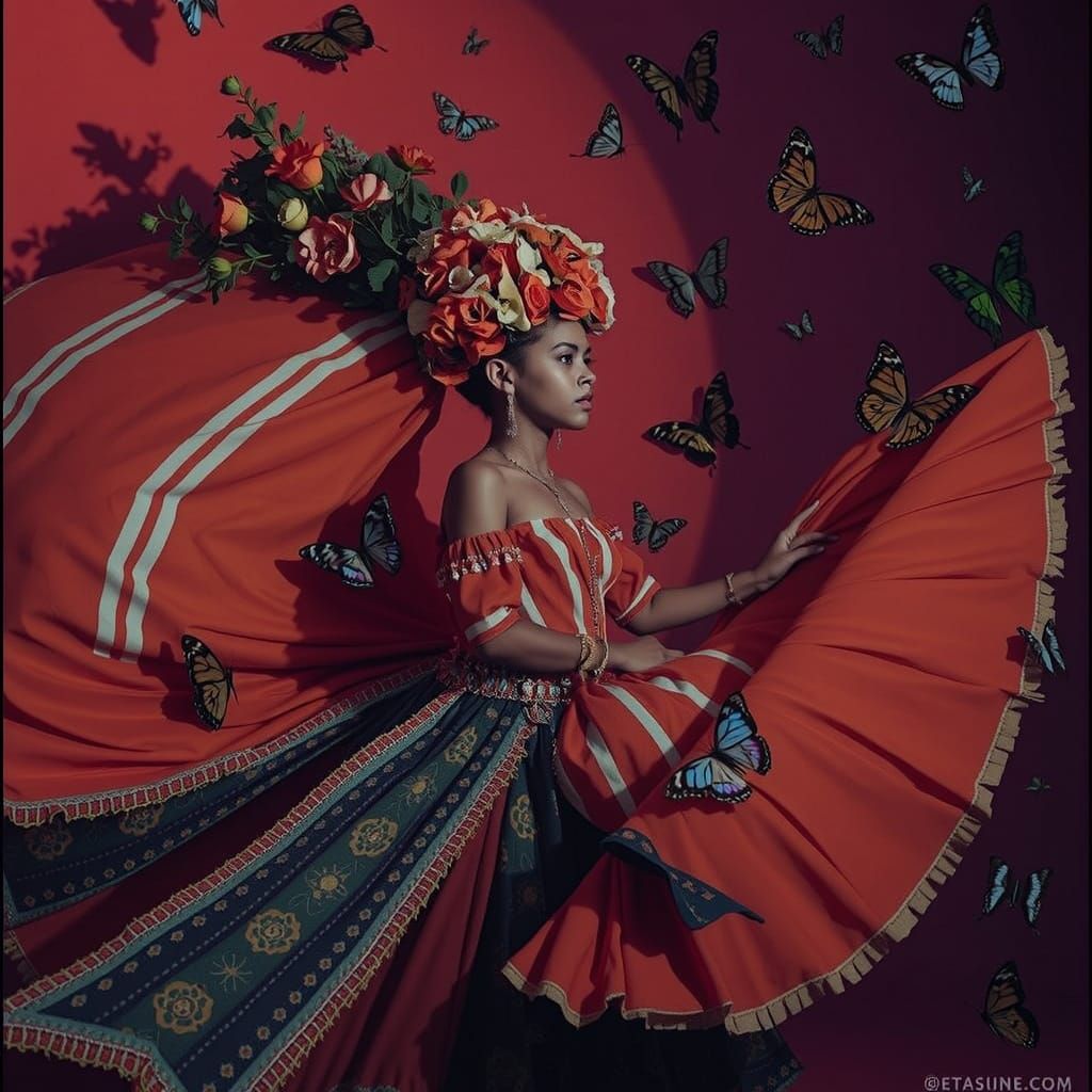 Radiant Woman in Citrus Light Gown with Butterflies