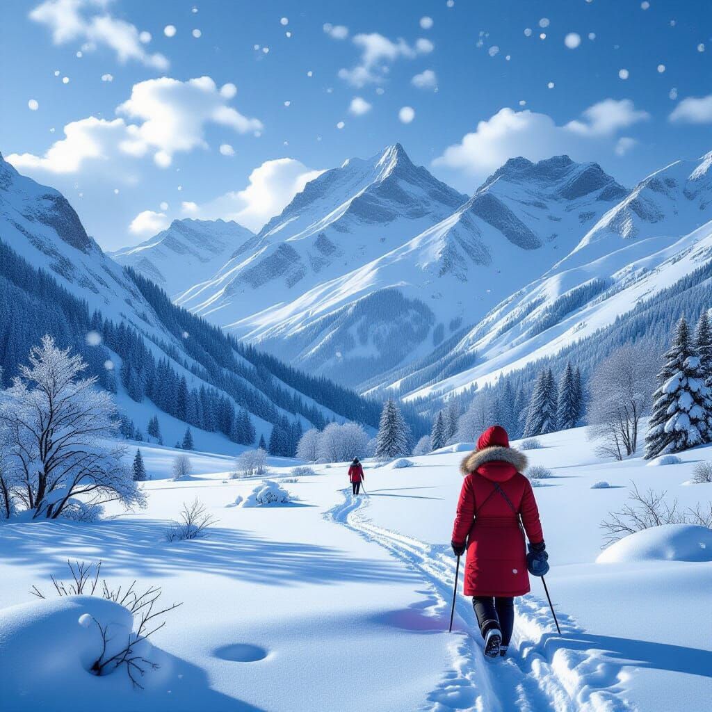 Winter Landscape with Snowflakes in Realistic Style
