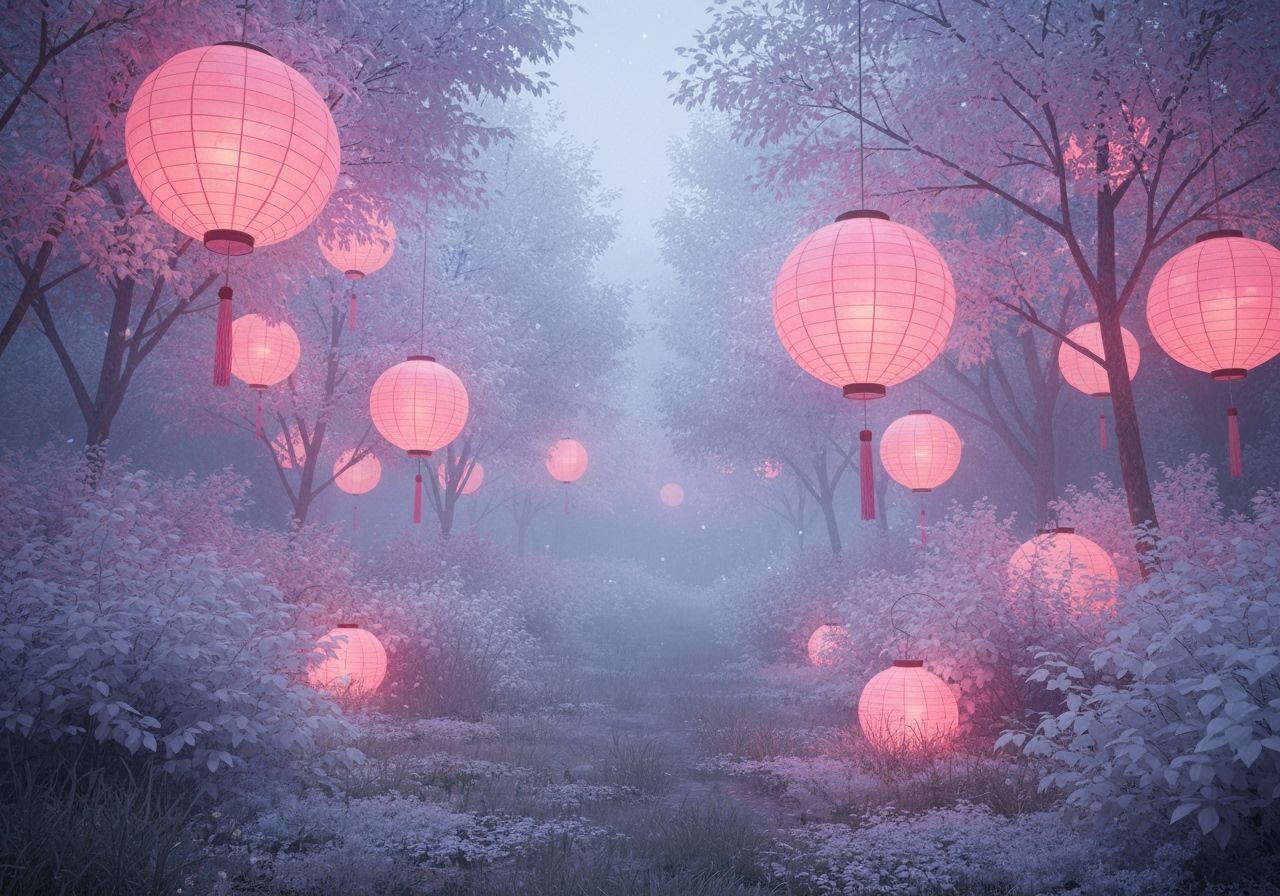 Mystical Forest Scene with Pink Lanterns and Misty Atmospher...