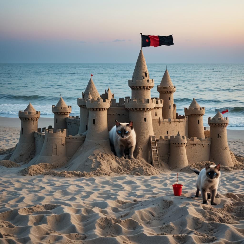 Siamese Cat Emerges from Sandcastle Kingdom