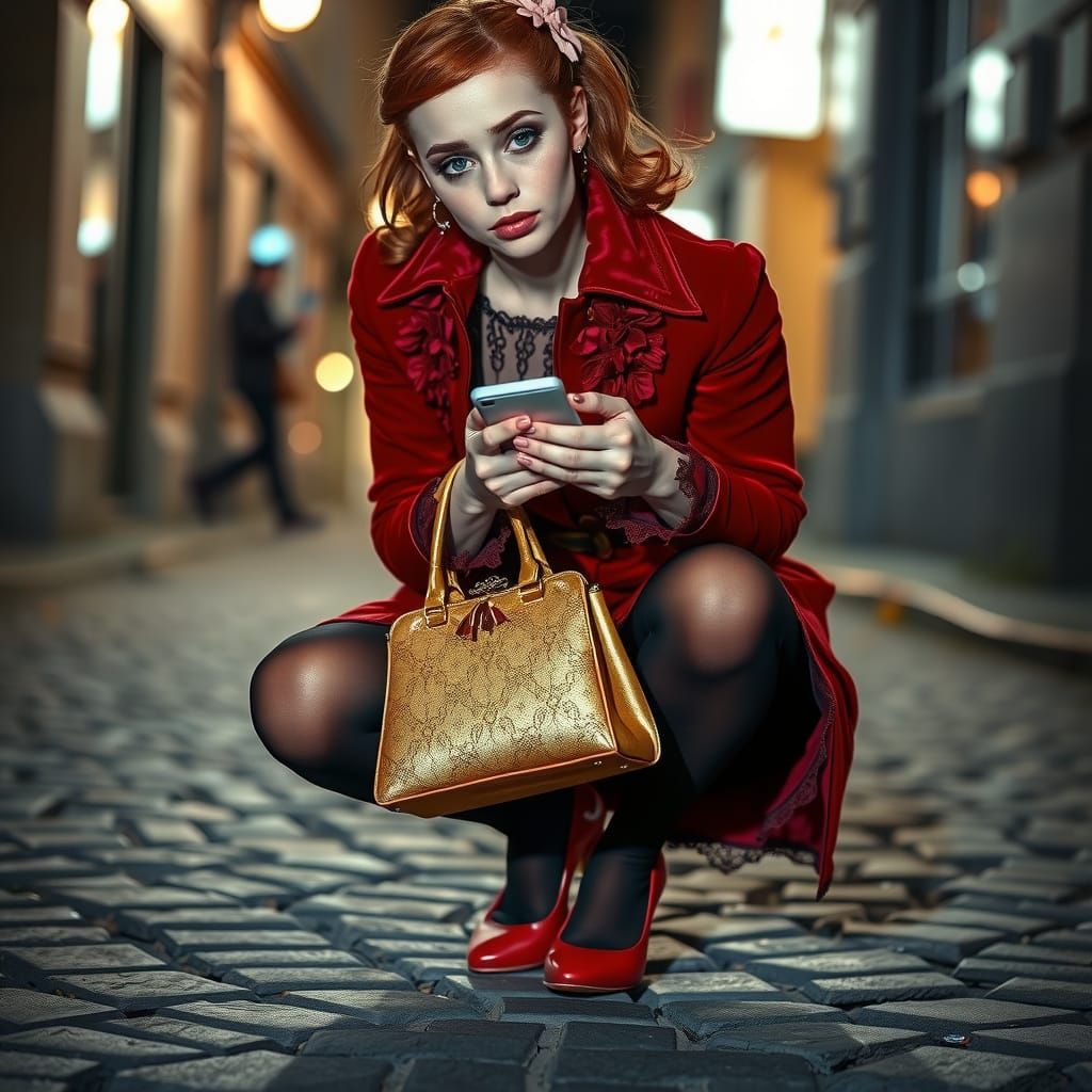 Woman in Red Velvet Coat with Golden Bag at Night