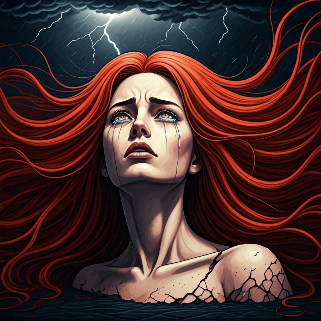 Woman Gazing at Stormy Sky in Dark Fantasy Style