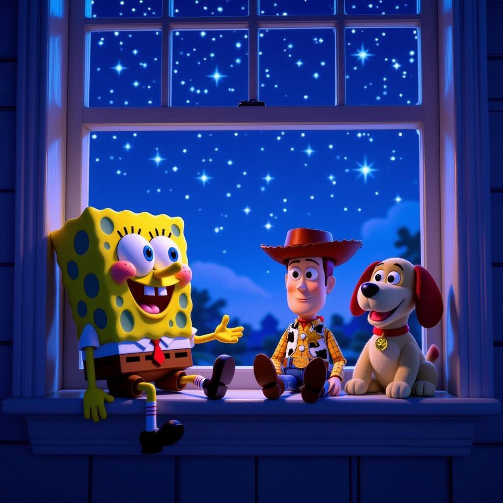 SpongeBob and Toy Story Friends Gaze at Starry Night