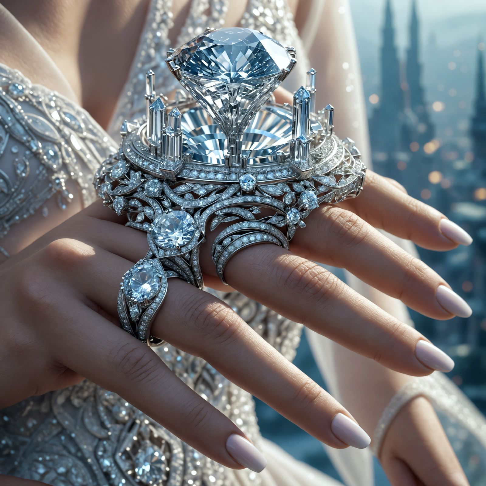 Ethereal Bride Adorns Diamond Ring with Thriving Futuristic ...