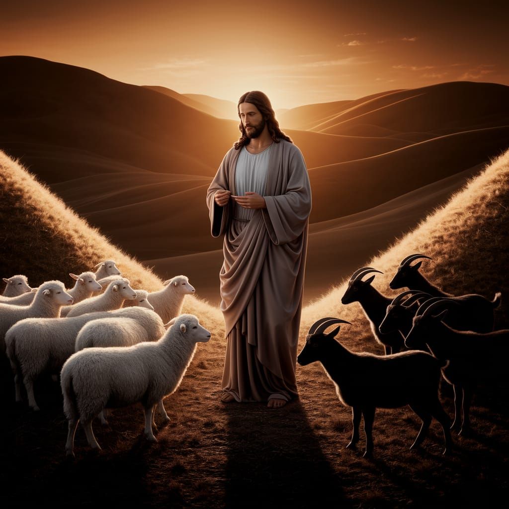 Jesus Christ Dividing Sheep and Goats in Golden Light
