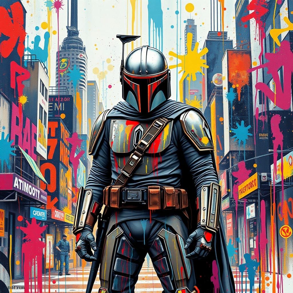 Mandalorian Warrior in Vibrant Street Art Style